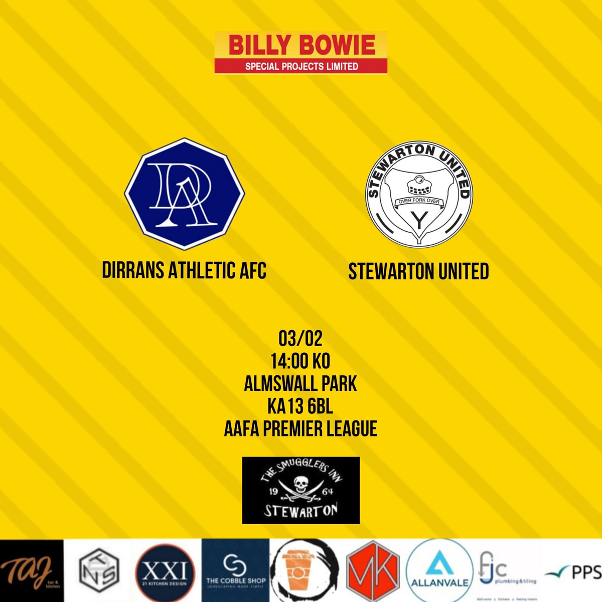 StewartonUnited's tweet photo. 🟡🔴MATCH DETAILS 🟡🔴

This Saturday we head across to Almswell Park to play Dirrans Athletic AFC. 
Get yourselves along &amp; show the team your support. 🟡🔴

⚽ -  @dirransafc 
🏆 - AAFA Premier League
📍 - Almswall Park, Kilwinning KA13 6BL
📅 - 03/02/2024
⏰ - 14:00 KO https://t.co/AeJV1d0rRS