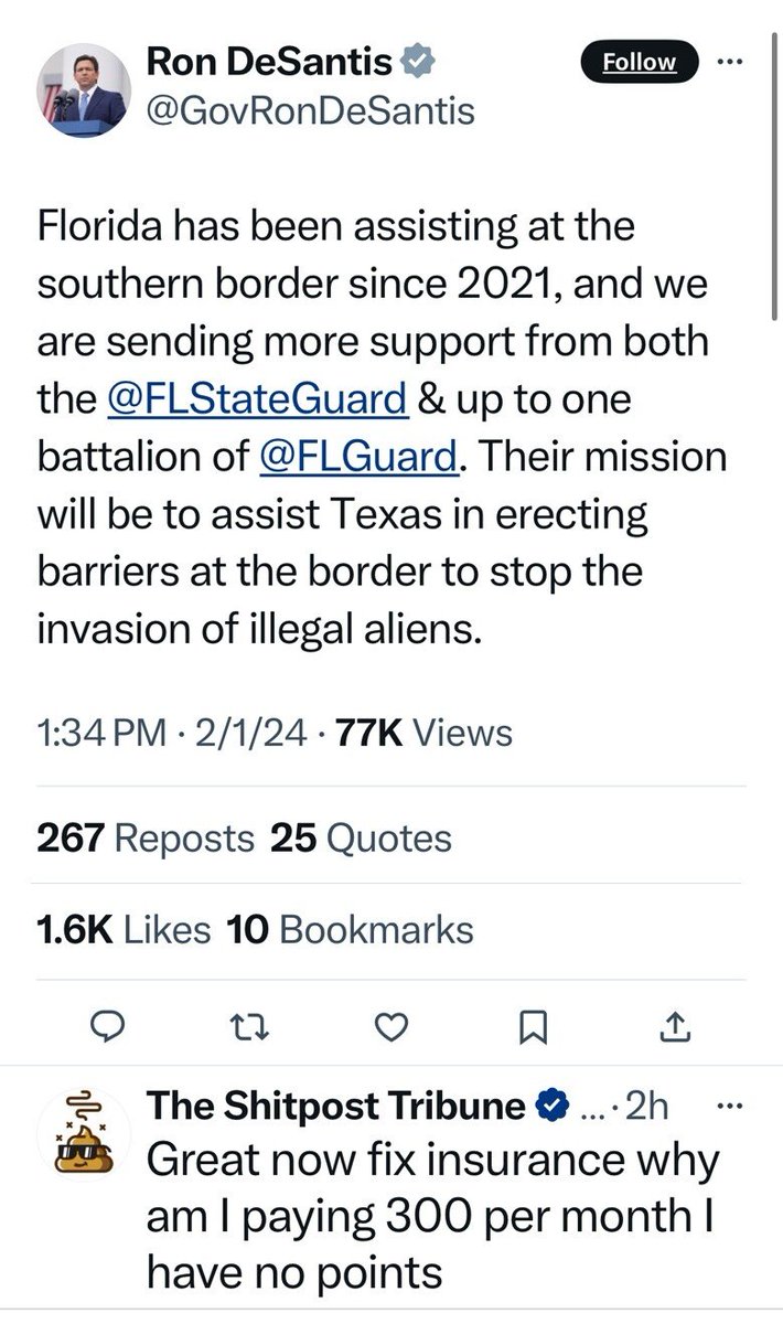 Florida has been assisting at the southern border since 2021, and we are sending more support from both the @FLStateGuard  & up to one battalion of @FLGuard . Their mission will be to assist Texas in erecting barriers at the border to stop the invasion of illegal aliens
 DeSantis