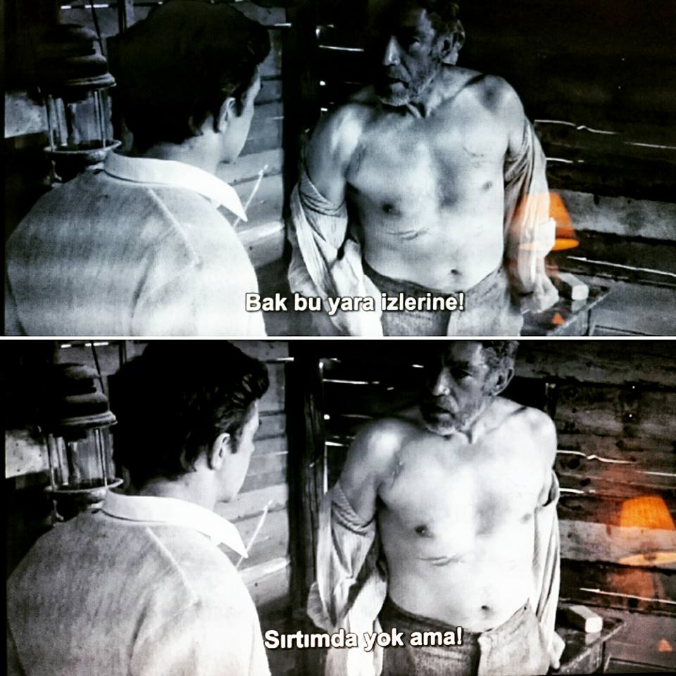 1964 yapımı "Zorba" filmini seyredin. Filmin 1:08:08 anında şöyle 1 sahne vardır:
Anthony Quinn kendisine Türk'lerle nasıl arkadaş olabileceğini hayretle soran İngiliz'e; Türklerle savaştığı dönemden kalan yara izlerini gösteriyor ve tamamının "vücudunun ön bölümünde" olduğunu