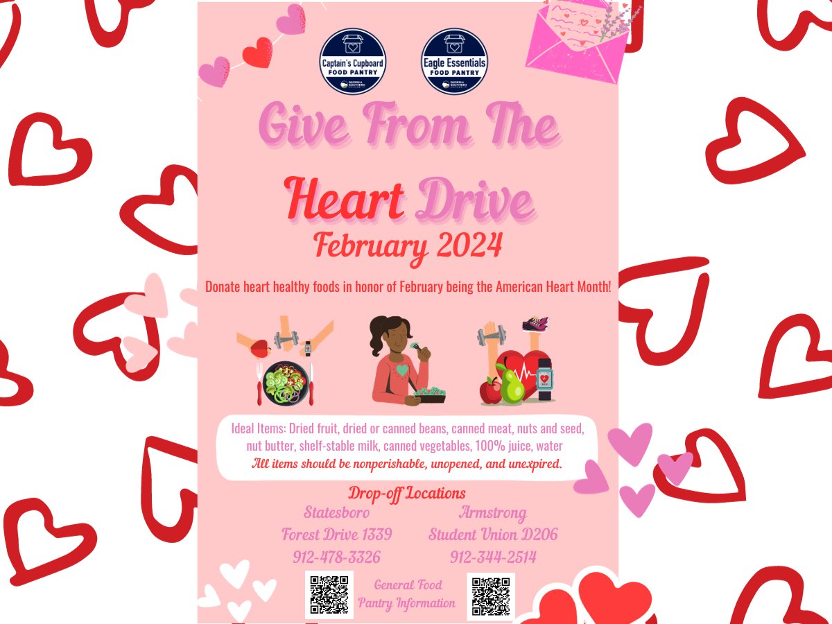 GsuDean's tweet photo. Hey Eagles- Share the love this month by donating heart healthy foods like dried fruit, nuts and seeds, dried or canned beans, water, etc. to the Eagle Essentials/Captain's Cupboard Food Pantries! 

Drop off: Forest Drive 1339 (Statesboro)/ Student Union D206 (Statesboro) https://t.co/BSc5DBk9hy
