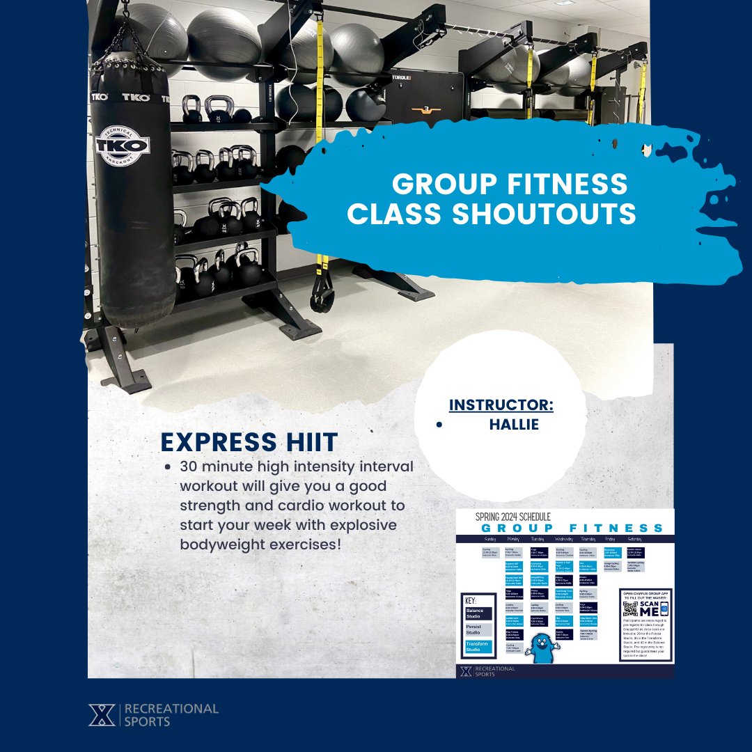 XavierRecSports's tweet photo. Group Fitness Class Shoutouts! 
Join Instructor Hallie during their Express HIIT class! Express HIIT is a 30 minute high intensity interval workout that will give you a good strength and cardio workout. Sign up on EngageXU to guarantee your spot in the class. https://t.co/U1W4hgA9OX