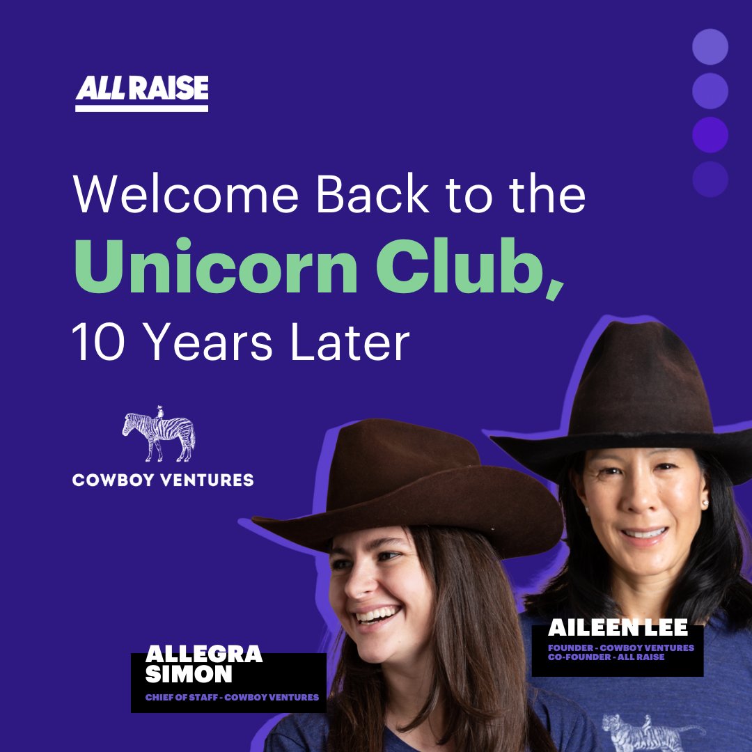 All Raise (@allraise) on Twitter photo It has been a whole decade since All Raise co-founder and <a href="/CowboyVC/">Cowboy Ventures</a> founder <a href="/aileenlee/">aileenlee</a> coined the term "Unicorn." 🦄
Now, she and chief of staff <a href="/allegra_v2/">Allegra Simon</a> take a look back at how the #VC landscape has — and hasn't — changed over the last decade: cowboy.vc/news/welcome-b… It has been a whole decade since All Raise co-founder and <a href="/CowboyVC/">Cowboy Ventures</a> founder <a href="/aileenlee/">aileenlee</a> coined the term "Unicorn." 🦄
Now, she and chief of staff <a href="/allegra_v2/">Allegra Simon</a> take a look back at how the #VC landscape has — and hasn't — changed over the last decade: cowboy.vc/news/welcome-b…