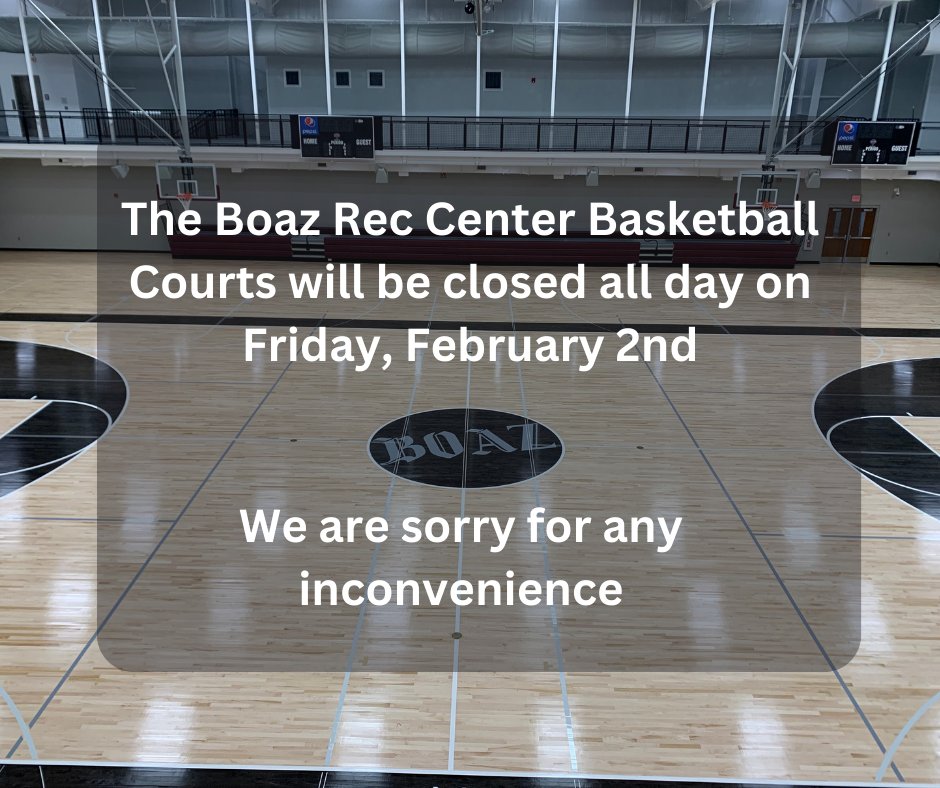 boazrec's tweet photo. The Boaz Rec Center Basketball Courts will be closed on Friday, February 2nd as Boaz High School prepares for the Pirates Ball on Friday night. The upstairs walking track will be open normal hours on Friday.

We are sorry for the inconvenience https://t.co/tPUnES33zV