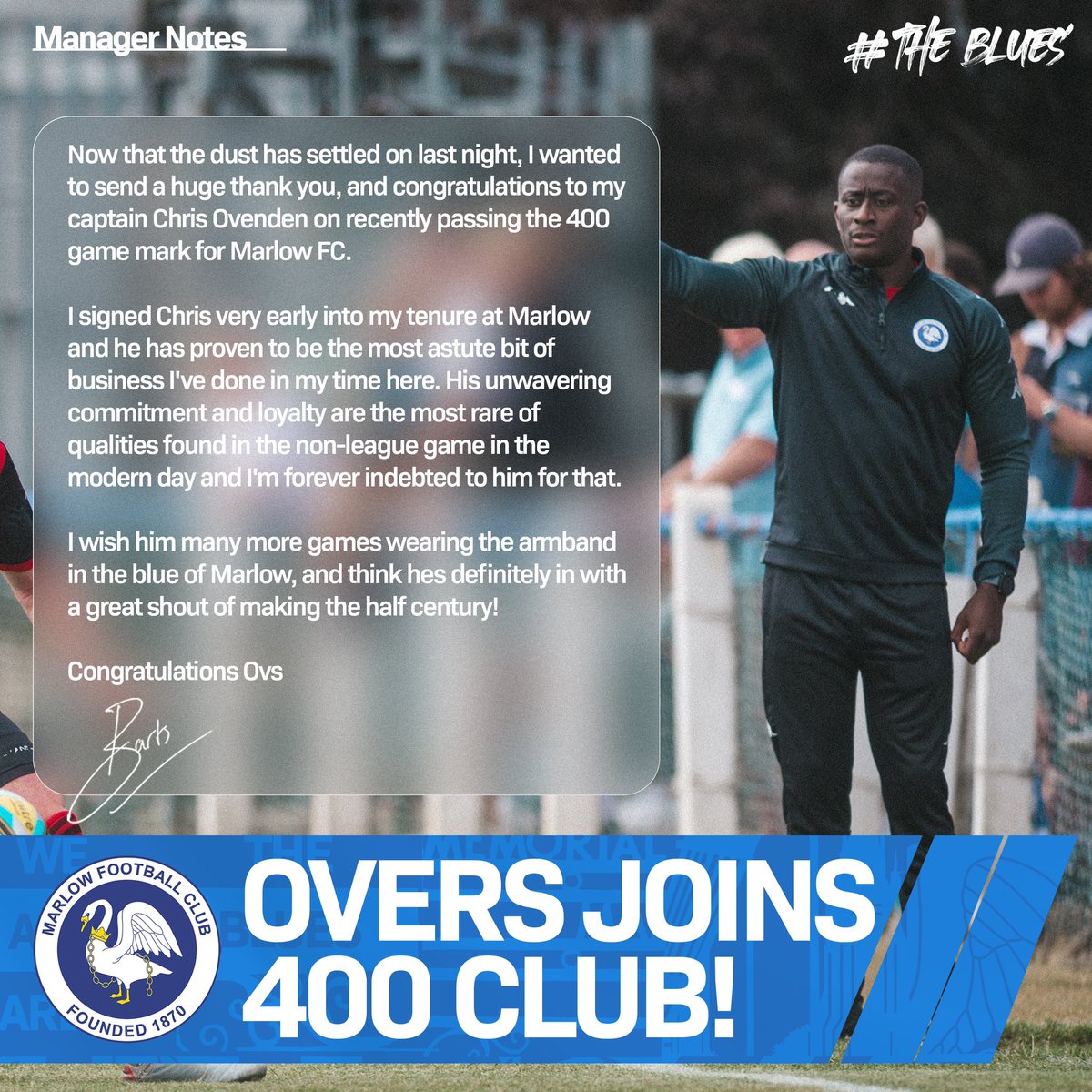 MarlowFC's tweet image. The skipper joins the 400 club 🙌🏼

Swipe to see what manager Mark Bartley had to about Chris’ milestone! 

#WeAreMarlow #MarlowFC