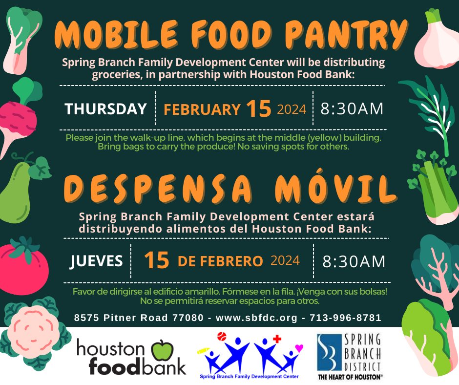 Next @HoustonFoodBank Mobile Pantry at @SBFDCenter is Thursday, February 15, at 8:30am. La próxima despensa de @HoustonFoodBank en @SBFDCenter es el Jueves 15 de Febrero a las 8:30am. Thank you for your support to help alleviate food insecurity, @SpringBranchMD !