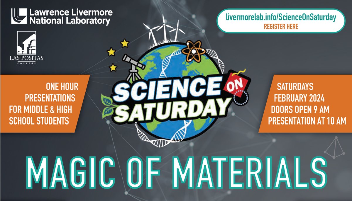 Livermore_Lab's tweet image. Calling all middle and high school students! @Livermore_Lab&apos;s popular lecture series, “Science on Saturday,” returns Feb. 3-24, offering four lectures presented by leading #LLNL researchers who are joined by high school science teachers. Learn more: livermorelab.info/3SnI5Uj