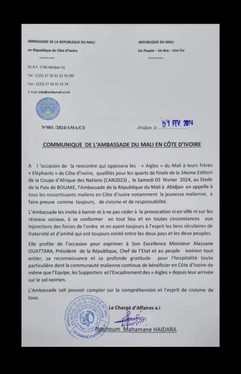 Le Mali à travers son ambassade en Côte d'Ivoire, communiqué pour s'adresser à la communauté malienne à faire preuve de civisme et de responsabilité. 
Le peuple Malien est toujours respectueux envers tous les peuples. 
<a href="/luca_varan/">varan🐊 2.0 🇨🇮</a>
Voilà ce que tu voulais voir...🙏