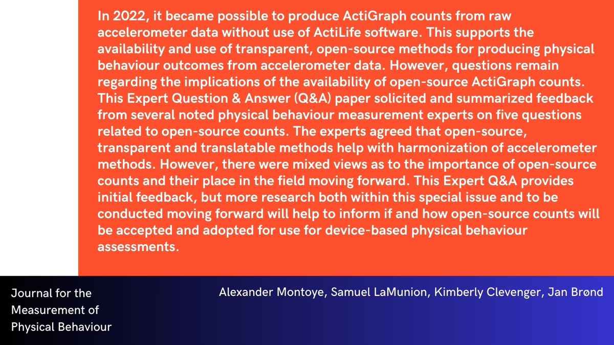 Journal for the Measurement of Physical Behaviour (@jmpbjournal) on Twitter photo Just Accepted!
A new commentary from the Editors of our Special Issue, "Understanding Open-Source ActiGraph Counts."
Full commentary coming soon; read the abstract here:
<a href="/alexmontoye/">Alex Montoye</a> <a href="/kimberlyclev/">Kimberly Clevenger, PhD, MPH</a> <a href="/samlamunion_phd/">Samuel R. LaMunion, Ph.D</a> Just Accepted!
A new commentary from the Editors of our Special Issue, "Understanding Open-Source ActiGraph Counts."
Full commentary coming soon; read the abstract here:
<a href="/alexmontoye/">Alex Montoye</a> <a href="/kimberlyclev/">Kimberly Clevenger, PhD, MPH</a> <a href="/samlamunion_phd/">Samuel R. LaMunion, Ph.D</a>