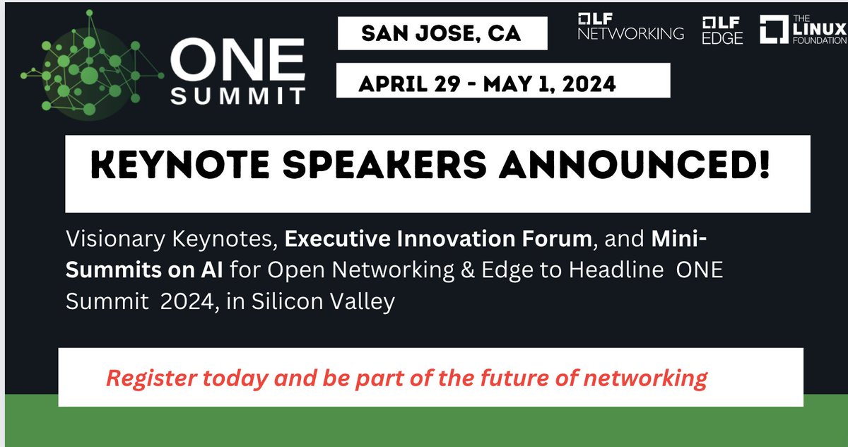 #AI comes to #onesummit, 4/29-5/1 in San Jose! Keynotes from luminaries across #A #security, #5G #6G #cloud &more! Register to attend & be part of the future of #Networking, #Edge and AI➡️➡️ lfnetworking.org/visionary-keyn… @OpenDaylightSDN @LF_Edge @Nephio_org @linuxfoundation