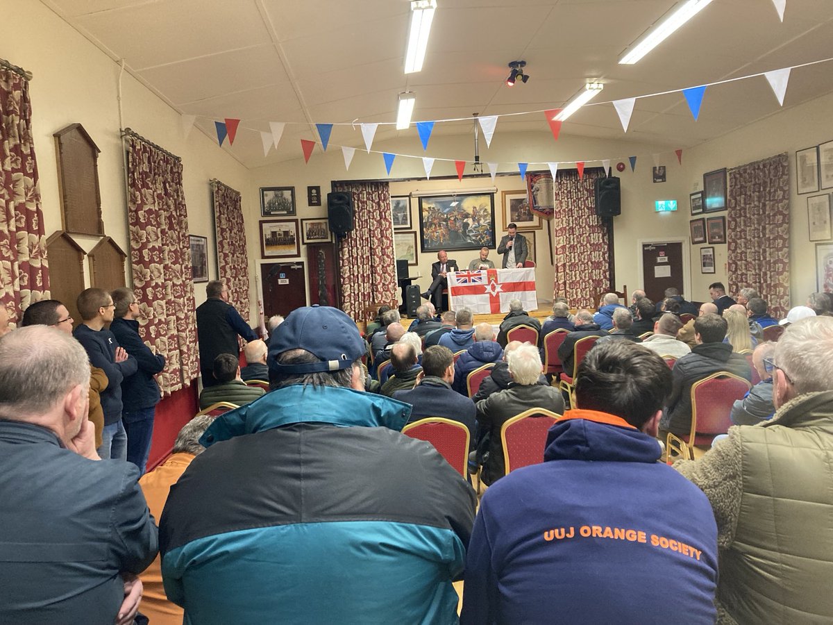 About 100 opponents of the 'Safeguarding the Union' deal have gathered at an Orange Hall in Moygashel in Co Tyrone.