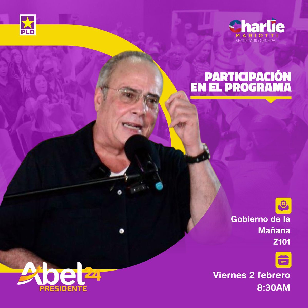 ¡TEMPRANO EN LA MAÑANA! 📻

Nuestro #SecretariaGralItinerante del PLD, estará en la Z101.3 FM Participando en el programa El Gobierno de la Mañana. ✌🏻

8:30 a.m. 🕗

Podrás escucharlo en vivo, por:
🔗z101digital.com 

#PLDConAbel 💜
#AguantaQueFaltaPoco ⭐