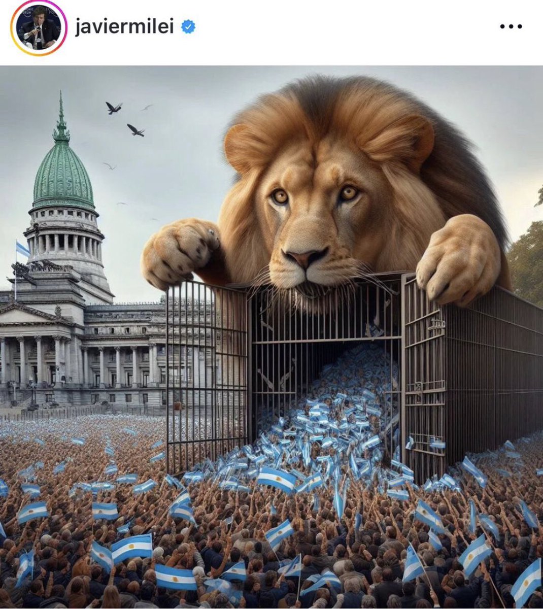 Algunos zurdos interpretaron que esta imagen que subió Milei, simboliza que el pueblo será enjaulado y comido por un león. En realidad, simboliza que estamos por ser liberados. Hay que explicar todo. No la ven! 

#SeraLey