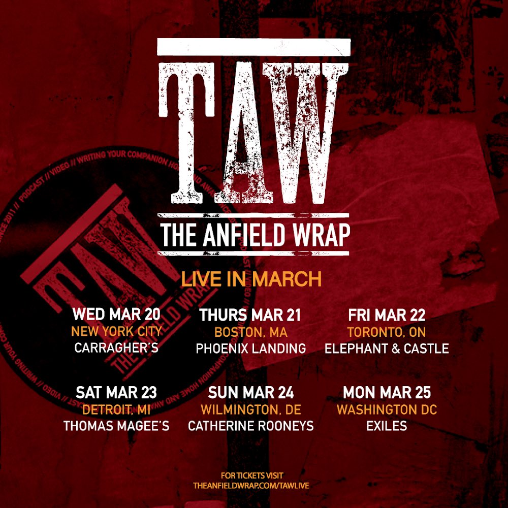 TAW in North America, we’re back in March 🇺🇸🇨🇦

Join us as we celebrate the season so far and of course, Jürgen Klopp. 

30% of tickets have gone already without us having promoted so don’t miss out👉Theanfieldwrap.com/tawlive