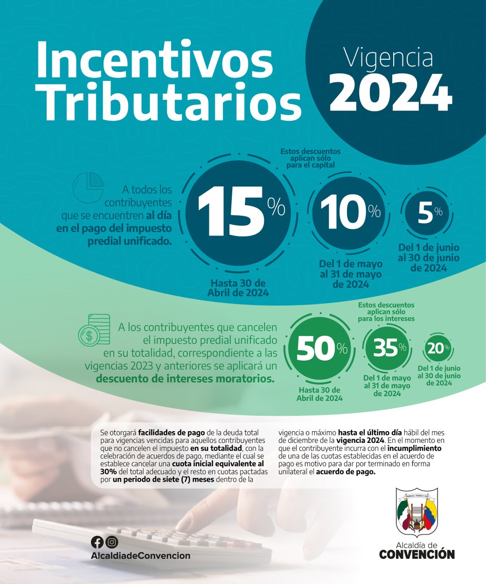 AlcdeConvencion's tweet photo. Aprovecha los descuentos en el pago del impuesto predial unificado que tenemos en la administración municipal en este año 2024.
#InformaciónDeInterés #ATENCIÓN https://t.co/jbeKPqePXP