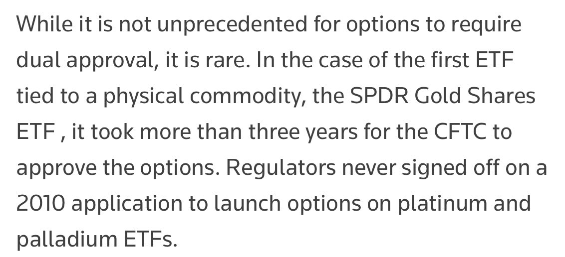 Could take months to gain regulatory approval for options on spot bitcoin ETFs…

“Products related to spot bitcoin ETFs could raise questions about jurisdiction &amp; oversight, which the CFTC is still sorting through.”

Took 3+yrs for CFTC to approve options on GLD.

via <a href="/Reuters/">Reuters</a>