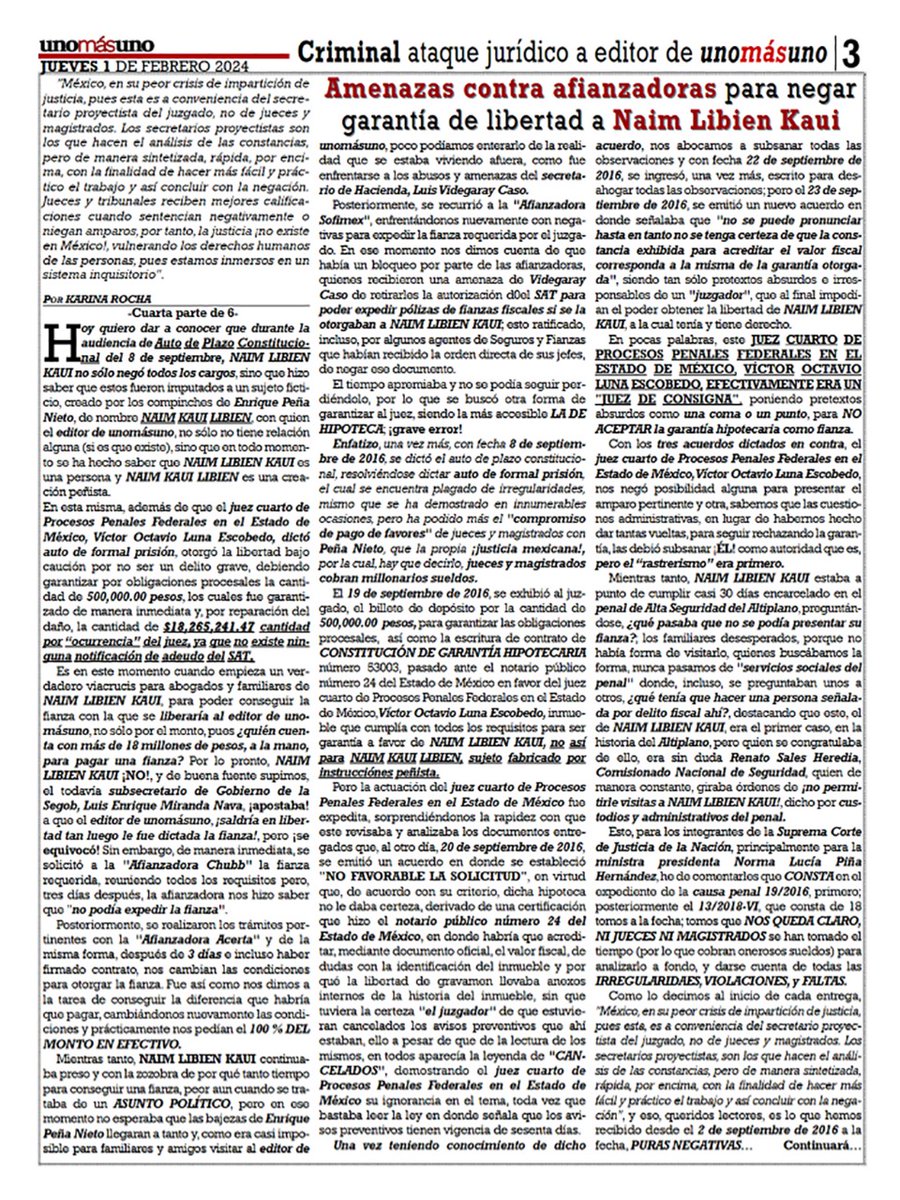 unomasunomx's tweet photo. Criminal ataque jurídico a editor de unomásuno (PARTE 4)
#unomasuno
#LibrePrensa
#AMLO
#CNDH
#SCJN
#FGR
#foryourpage
UNOMASUNO DIARIO NACIONAL EDICIÓN IMPRESA Y DIGITAL
01/02/2024
https://t.co/sfpBKVGTMZ https://t.co/kNXIq9Jsp4