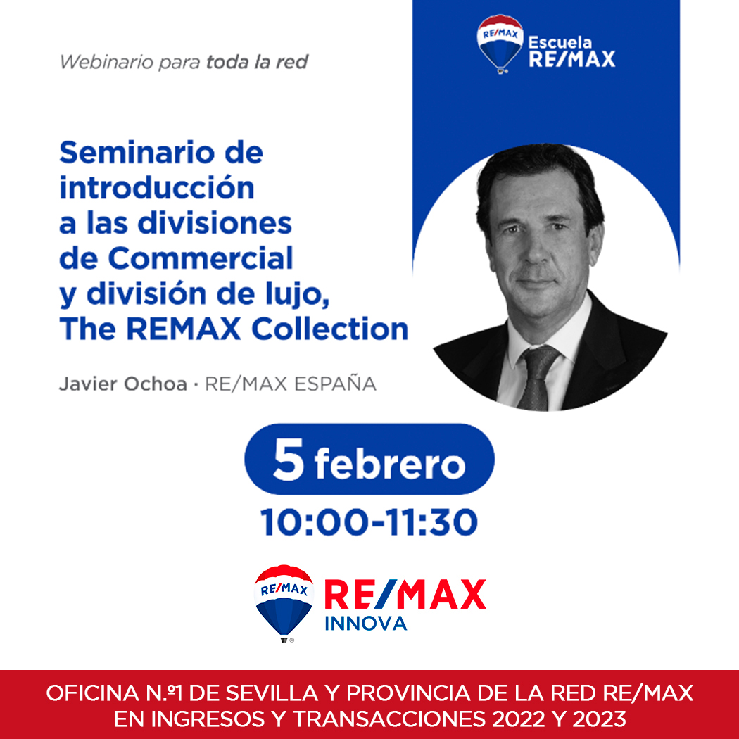 REMAX_Innova's tweet photo. 📢 El próximo Lunes 5 de febrero a las 10.00 horas, Javier Ochoa de REMAX España, ofrecerá un webinario gratuito, exclusivo para Agentes Asociados REMAX.
#formacioninmobiliaria #inmobiliariasevilla #remax #agenteinmobiliario https://t.co/baJvvL6NKj