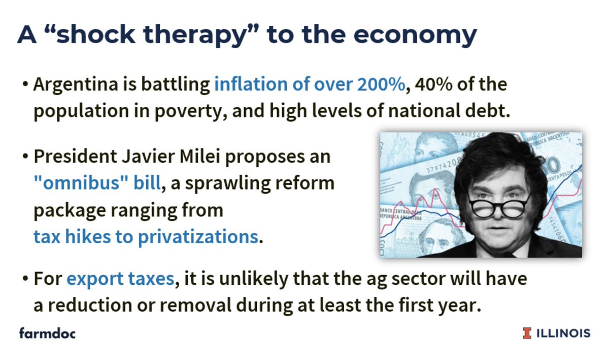 farmdocDaily's tweet photo. In #Argentina, #inflation is over 200% and over 40% of the population is currently living in #proverty. New president Javier Milei is proposing "shock therapy" ranging from #tax hikes to #privatizations.
From today's "South America #Crop Production" webinar. https://t.co/NHIHKHxeWG