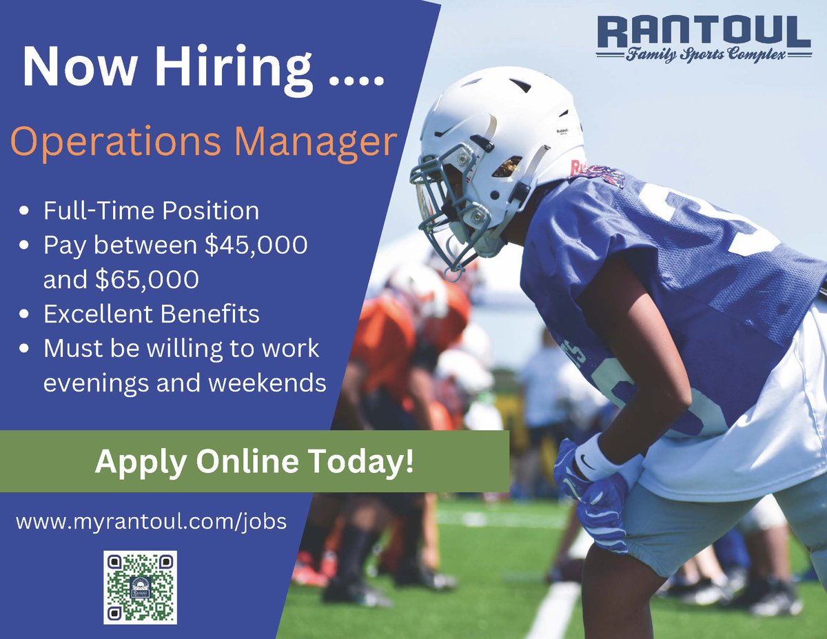 The Village of Rantoul is now looking to hire a full-time Operations Manager at the Sports Complex. Apply online today at myrantoul.com/jobs