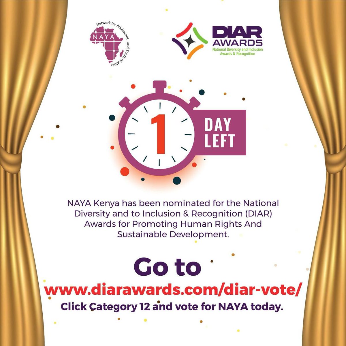 Our partner @NAYAKenya has been nominated for the National Diversity and Inclusion & Recognition (DIAR) Awards in recognition of our efforts in Promoting Human Rights & Sustainable Development. To vote please click on the link below & go to Category 12 👉 diarawards.com/diar-vote/