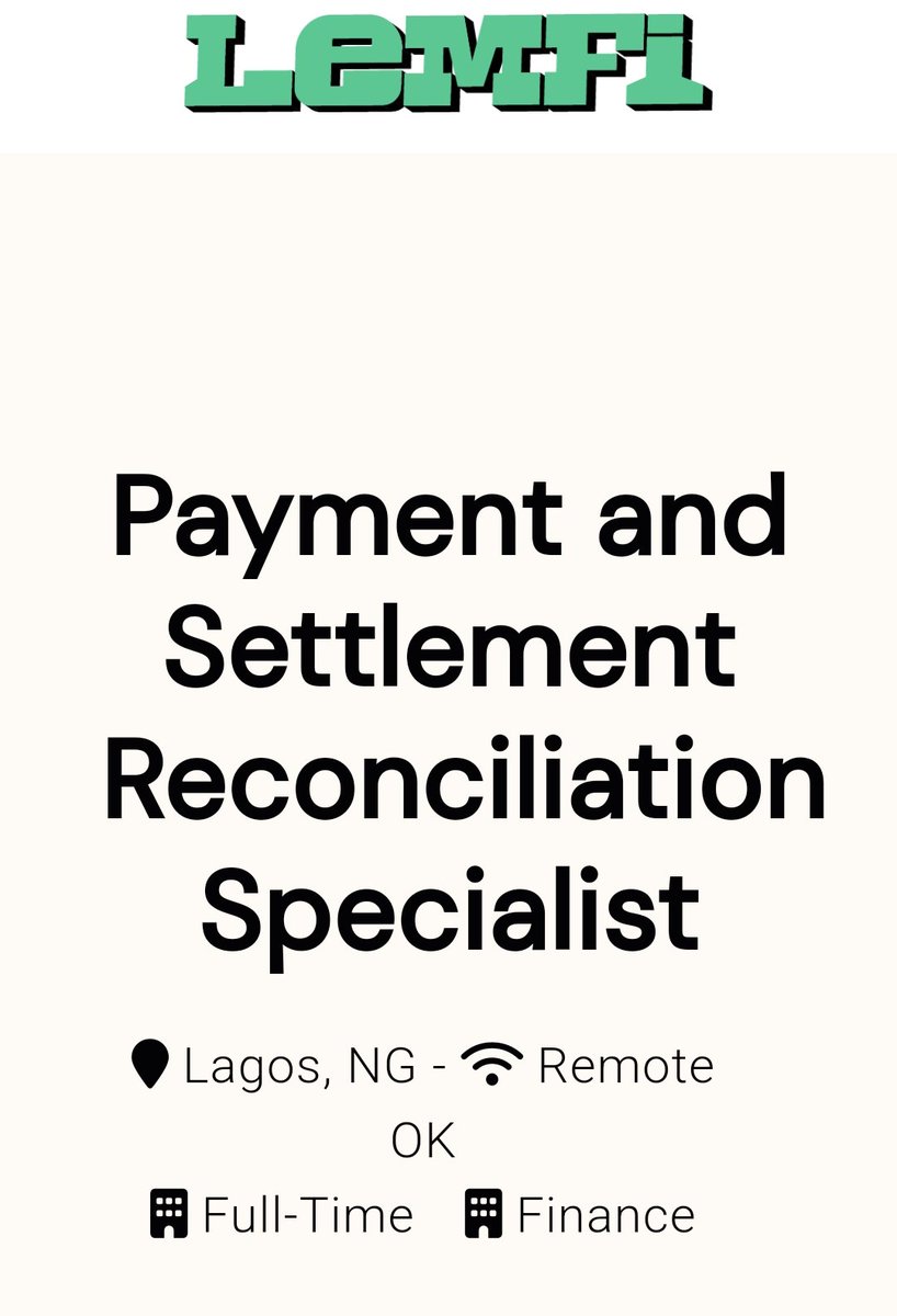 JOBCORNER247's tweet photo. Urgent Hiring!

Payment and Settlement Reconciliation Specialist at LemFi (Formerly Lemonade Finance)

Location: Lagos (Remote)

Requirements
🔸Advanced education degree is preferred but not required
🔸3-5 years’ experience in the same or similar role at a fintech or financial institution

If you can’t apply, Please share, someone may need it on your timelines

Apply ⤵️
https://t.co/35SRYacP8S