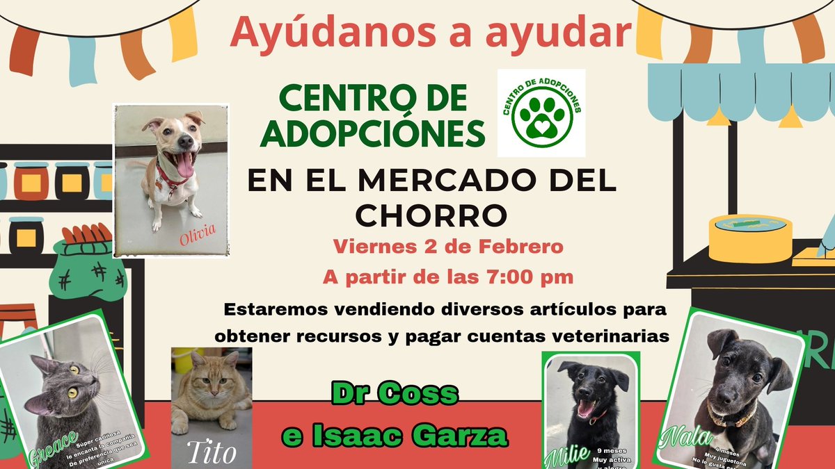 AYÚDANOS A AYUDAR
Viernes 2 de Febrero a partir de las 7
Estaremos en el MERCADO DEL CHORRO ubicado en Dr Coss e Isaac Garza
Estaremos vendiendo diversos artículos para  pagar cuentas veterinarias de nuestros rescataditos 🐕
<a href="/AVISOSMTY/">AVISOSMTY</a> <a href="/AtentosMTYSur/">Atentos Mty Sur ¡vecinos en acción!</a> @DistritoTec <a href="/JudithMedrano/">Judith Medrano</a>