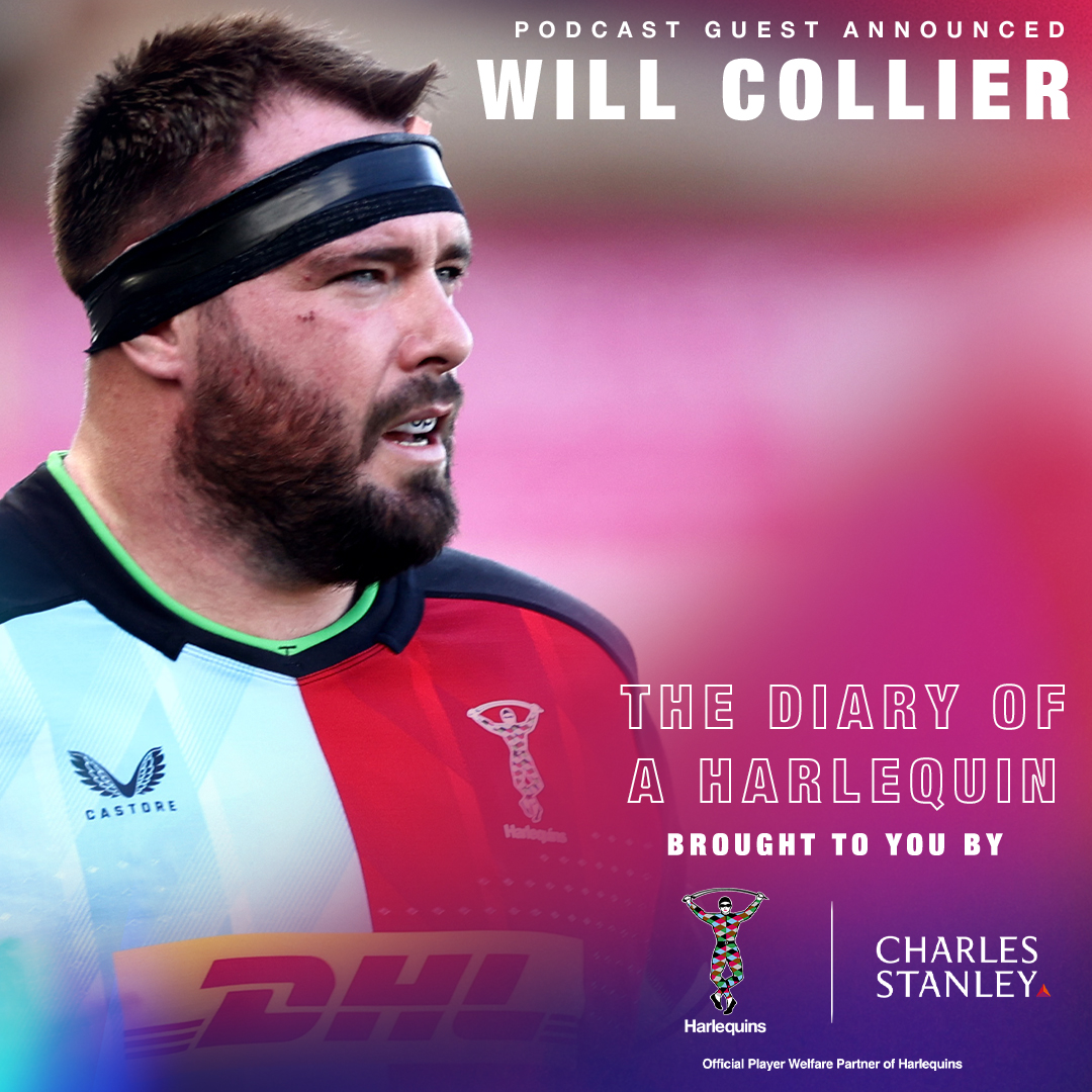 Harlequins's tweet photo. #TheDiaryofaHarlequin, Series 2 is here, our first guest is a true Quins legend, @William_Collier!

He talks about scrums, growing up as a Quins fan &amp; life outside of rugby with another Quins legend, @KohnOlly 🐷

Listen now! 🎧

Brought to you by @_CharlesStanley

#COYQ