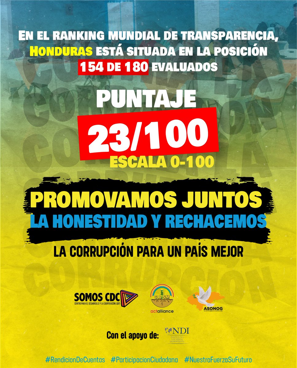 🌟 ¡Promovamos juntos la honestidad y rechacemos la corrupción para un país mejor! 🤝💼 Seamos agentes activos del cambio que anhelamos. 💪💬 Conoce nuestra campaña ¡Rendición de Cuentas y Participación Ciudadana!
“Nuestra Fuerza, Su Futuro” 🌐✨ 💪🌈
<a href="/casm_hn/">Comisión de Acción Social Menonita (CASM)</a> 
<a href="/Honduras_NDI/">NDI HONDURAS</a>