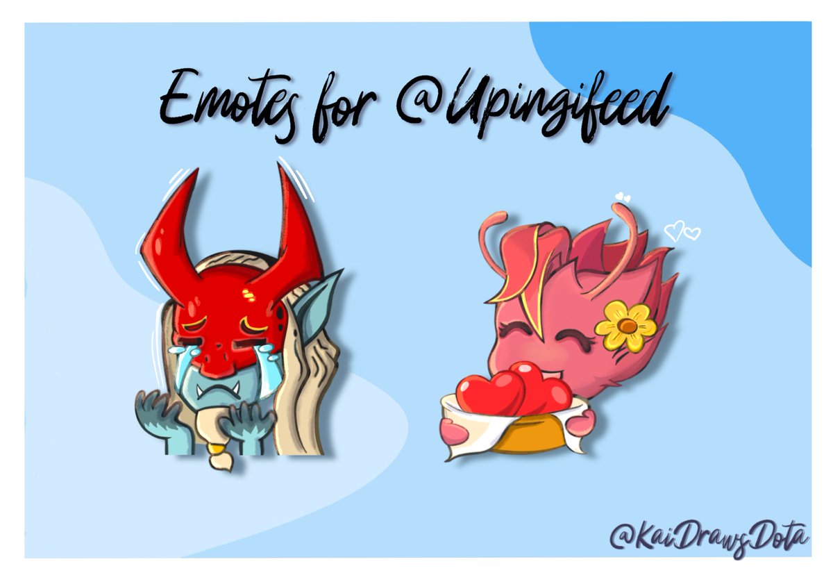 Really happy with these cute emotes I did for <a href="/upingifeed/">Mel</a> recently! Thanks for the support <3
Valentines Commissions are still open and so are my DMs so shoot your ideas and I’ll make them a reality 💜❤️ #dota2 #KaiDraws