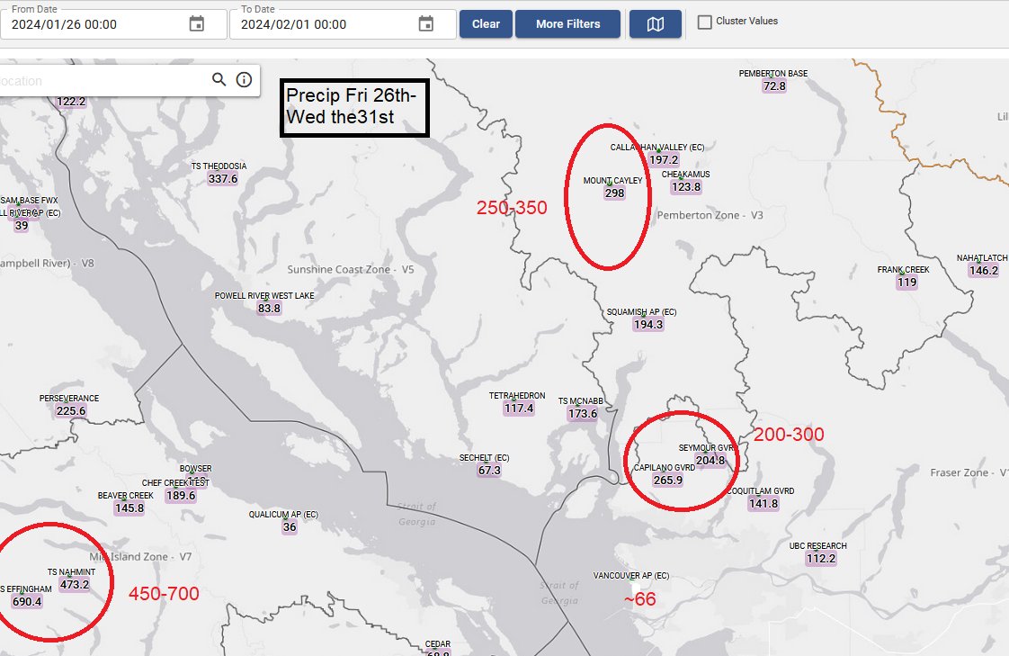 ensembleator's tweet image. A little verification from our now wrapping up prolonged AR event. Good results from all NWP systems; Euro forecast from last Thu depicted. More notable in the flats of the LM were very elevated temperatures. 1 inch = ~ 25 mm