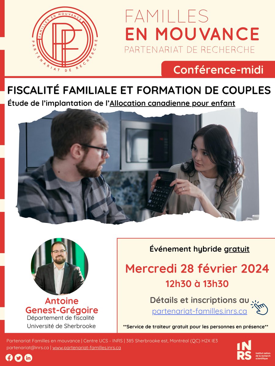 Familles en mouvance (@partenariatfam) on Twitter photo *RAPPEL*
📣 Conférence midi - Couples et Allocation canadienne pour enfants, avec A. Genest-Grégoire (<a href="/USherbrooke/">Université de Sherbrooke</a>) !
🗓️ 28 février, 12h30-13h30,
📍Hybride : <a href="/inrs_ucs/">Centre Urbanisation Culture Société de l’INRS</a> et sur Zoom
Inscription: bit.ly/3vZeUzj
#famille #couple #allocation #polqc #canada #fiscalité *RAPPEL*
📣 Conférence midi - Couples et Allocation canadienne pour enfants, avec A. Genest-Grégoire (<a href="/USherbrooke/">Université de Sherbrooke</a>) !
🗓️ 28 février, 12h30-13h30,
📍Hybride : <a href="/inrs_ucs/">Centre Urbanisation Culture Société de l’INRS</a> et sur Zoom
Inscription: bit.ly/3vZeUzj
#famille #couple #allocation #polqc #canada #fiscalité