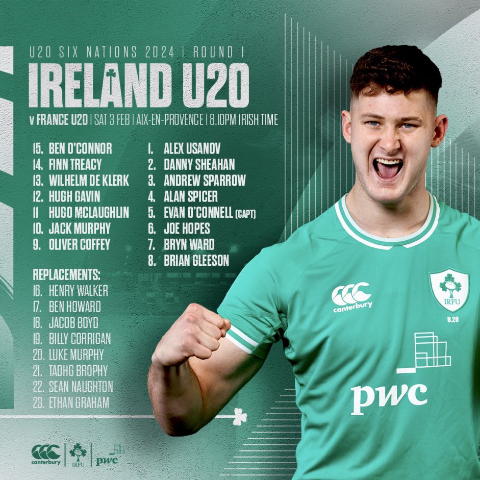 Best of luck to Evan O’Connell and the Ireland U20s who kick off their 6 Nations campaign against @FranceRugby on Saturday evening! Go well! ☘️🏉💪 @IrishRugby @Munsterrugby