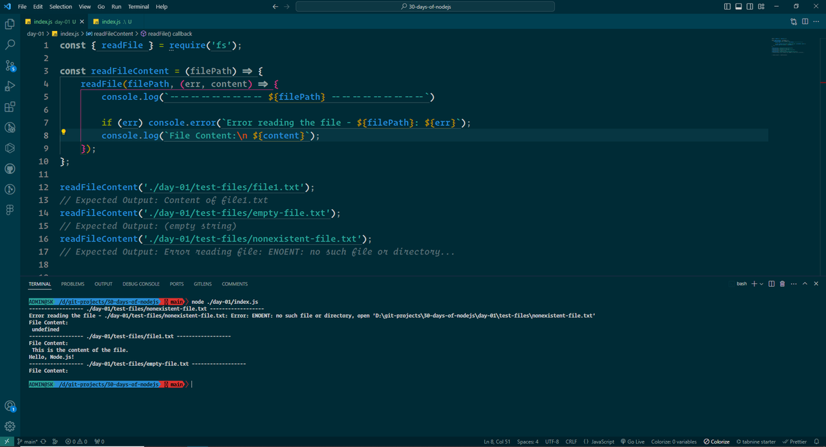 sangyk_dev's tweet photo. 👋👋 
I have decided to reassess my Nodejs skills. So decided to give #30DaysOfNodejs hosted by @scaler_official a try.

Here is my Day 01 Solution. #ScalerDiscord #ScalerTopics https://t.co/nqnlocmwM8