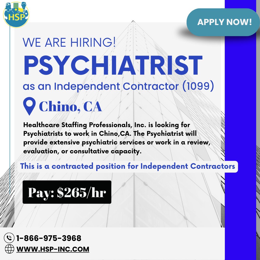 Seeking skilled Psychiatrists (1099) for an immediate opening in a correctional facility in Chino, CA. Apply Online: hsp-inc.com

#MentalHealthCareers #CorrectionalPsychiatry #1099Psychiatrist #HealthcareProfessionals #CorrectionalFacilityJobs