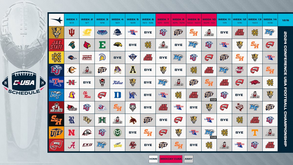 The 2024 CUSA Football Schedule 🏈📅 #NoLimitsOnUs | bit.ly/3Sln7oP