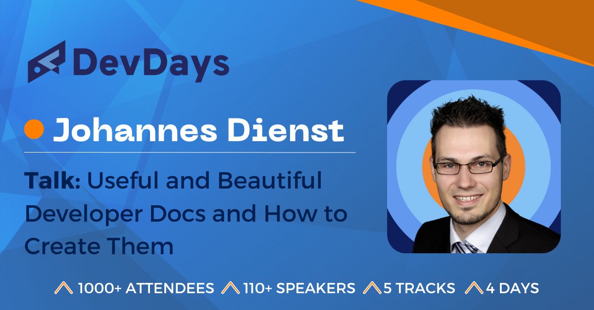 DevDaysEurope's tweet image. Discover stellar developer doc tips with Johannes at DevDays Europe 2024! Improve your documentation for product success. Learn content structure, clear learning objectives, and Docs-As-Code. Elevate your product and engage developers! 📚✨ #DevDaysEurope2024 #DeveloperDocs