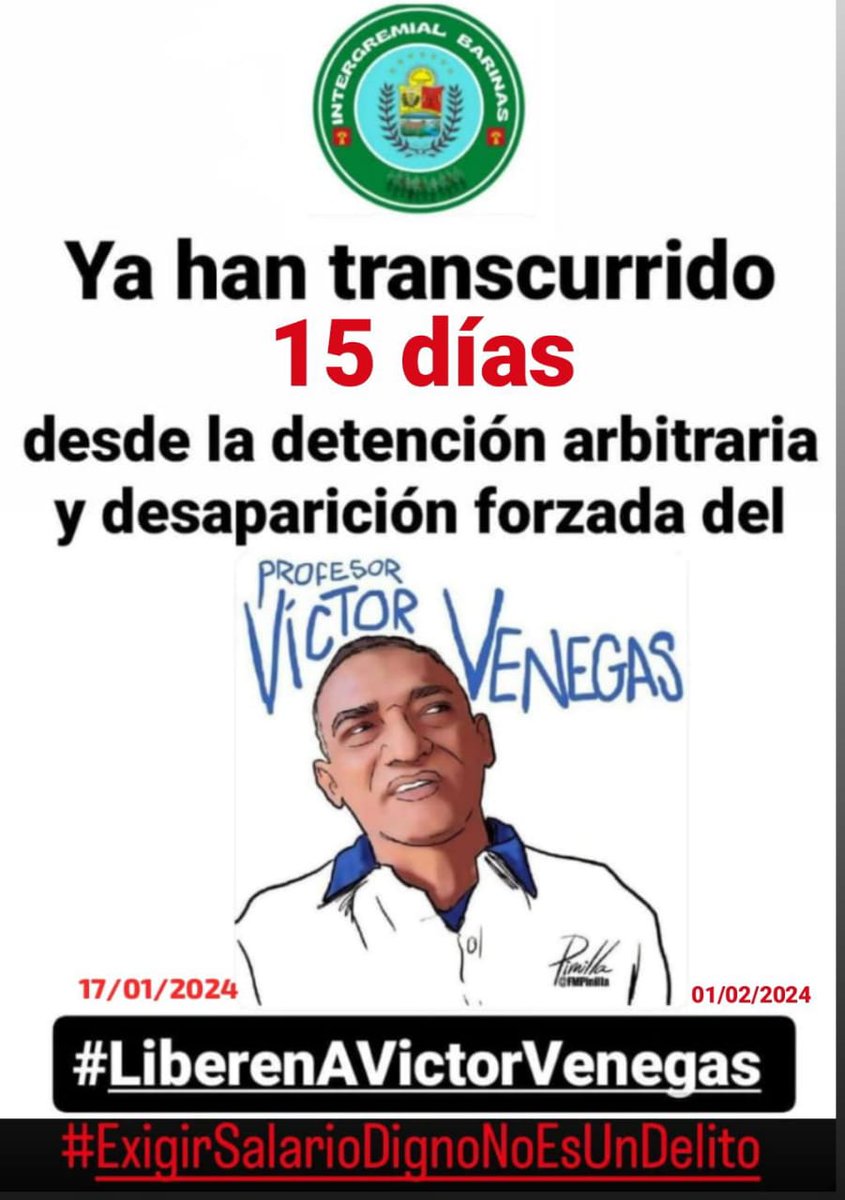 💥👉🏻 Pedimos la liberación del profesor Victor Venegas, presidente de FENATEV - Barinas, quien fue arrestado el 16 de enero de 2024 en un operativo dentro de la sede del sindicato docente.
▫️Rechazamos como una acción arbitraria la injusta detención de este compañero dirigente🧵