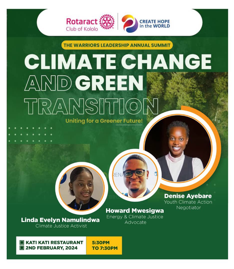 rotaractkololo's tweet photo. Join us tomorrow as we host @LindaEvelyn_N and @HowardMwesigwa as they share their insights on Climate Change that will enhance our transitioning into a  greener future! 
#TheWarriors
#ClimateAction 
#CreateHopeInTheWorld https://t.co/rasAN5cLcq