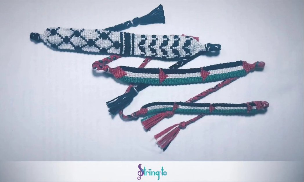 Stringito's tweet photo. 50% of our profits from Palestine bracelets will go to our sisters and brothers in Palestine.  🇵🇸 
#Palestine #Gaza #Savepalestine #Freepalestine #braceletsegypt #handmadeegypt #bracelet #knottedbracelets #friendshipbraceletsegypt #friendshipbracelets #strings #stringito #art https://t.co/WLLH0KzUMe