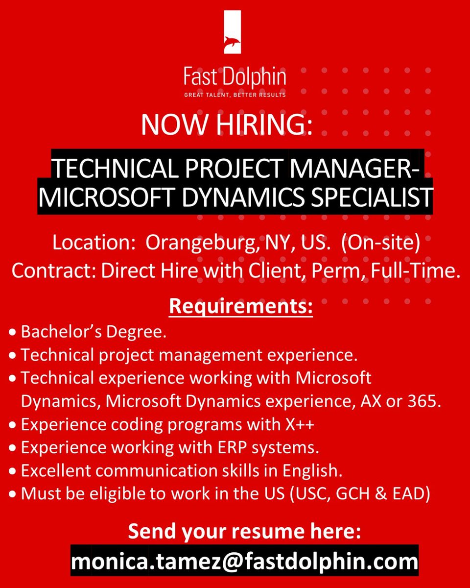 Are you interested? Send your resume to: monica.tamez@fastdolphin.com
 
#technicalprojectmanager #microsoftdynamics365 #microsoftdynamics #nyjobs #technicalprojectmanagement