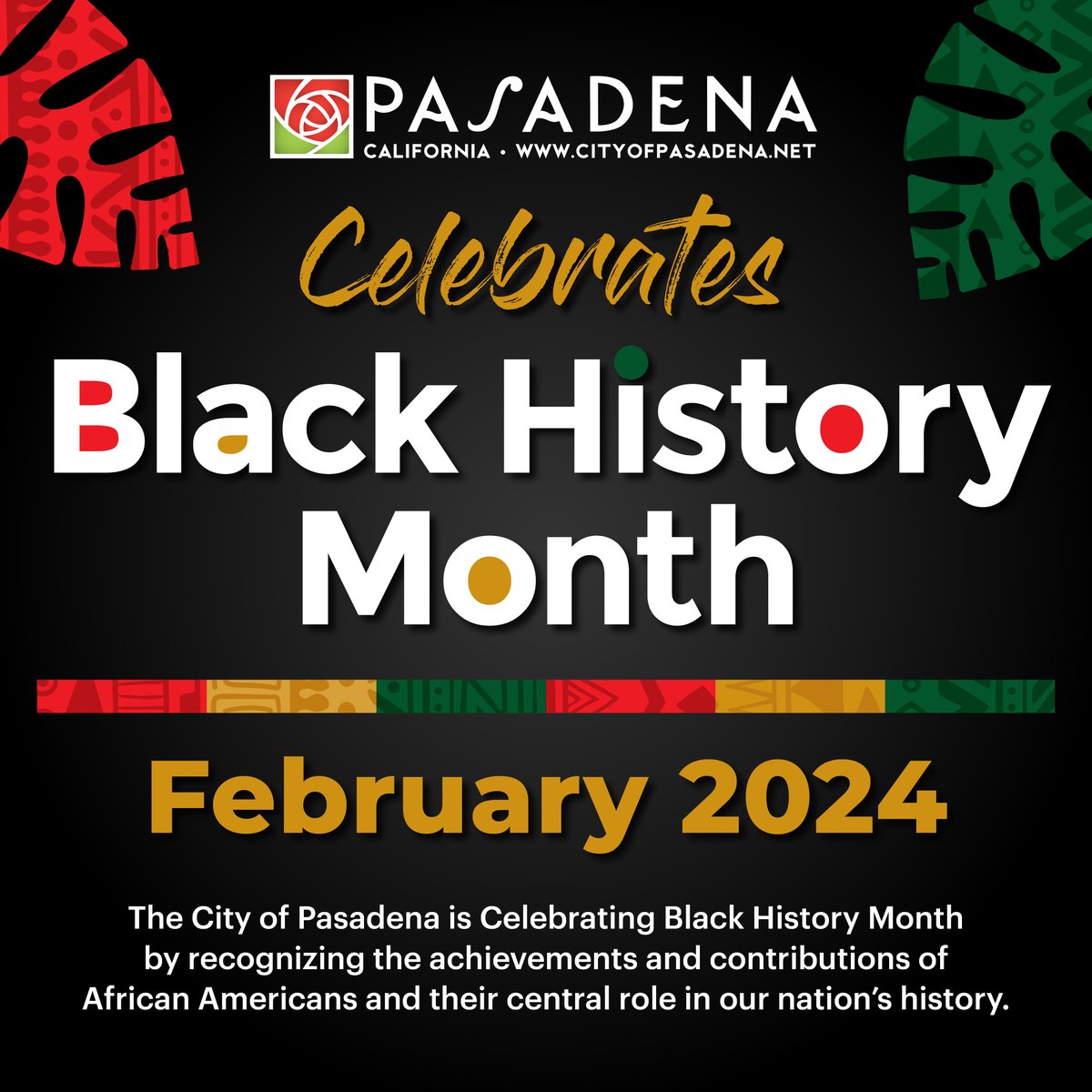 This month, join the City of Pasadena in celebrating Black History Month and recognizing the achievements and contributions of African Americans and their central role in our nation's history.

For a list of events and activities this year, please visit Bit.ly/PasadenaBlackH….