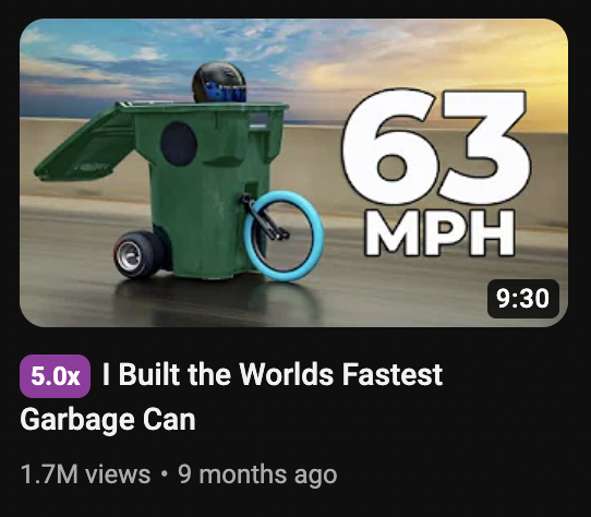 YoutubeOutliers's tweet photo. "I Built the Fastest 'X' in the World"

Seems to be a pattern with building the fastest of a small or weird machine. https://t.co/08mq4WON5q