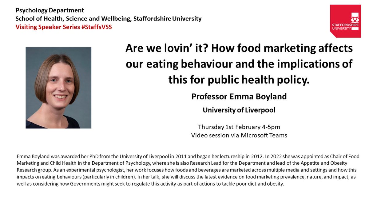 A huge thank you to @EmmaBoyland for delivering our 4th #StaffsVSS talk of the academic year. A really interesting talk, thank you for sharing your #research into how food marketing can influence eating behaviours & the potential impacts of this esp. in #children #foodforthought