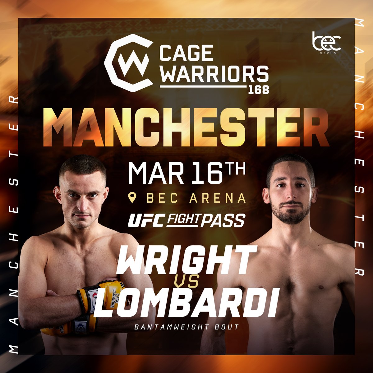 CageWarriors's tweet photo. Battle of the Bantamweights 👊

Local favourite Tom Wright defends home turf against Orion Lombardi on March 16th at #CW168 Manchester 🏴󠁧󠁢󠁥󠁮󠁧󠁿

🎟️ 𝗧𝗶𝗰𝗸𝗲𝘁𝘀: https://t.co/JGHpVm7UgU https://t.co/CiNN09JjLi