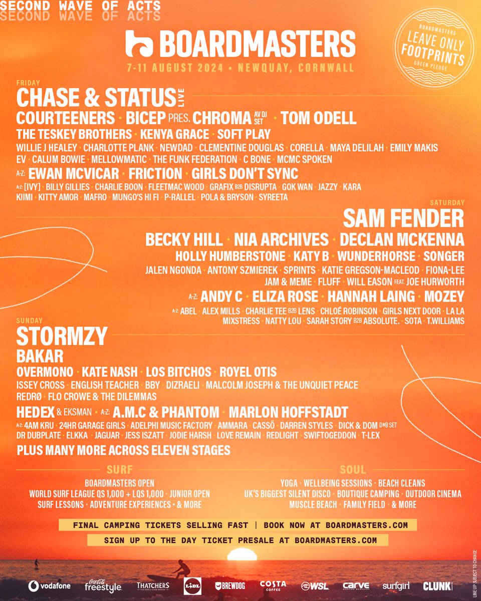 YOUR SECOND WAVE OF ACTS ARE HERE🌊🎉 Your Saturday headliner, @samfendermusic, joins @thecourteeners, @DeclanMcKenna, Overmono, @katenash, @LBitchos, @RoyelOtis, plus many more still to be announced across 11 stages.🎵⁠ FINAL camping tickets are on sale now.