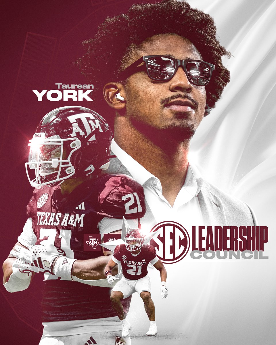 A leader on and off the field. @TaureanYork5x has been selected to represent the Aggies at the SEC Football Leadership Council. 🔗: aggi.es/48MxNE5 | #GigEm