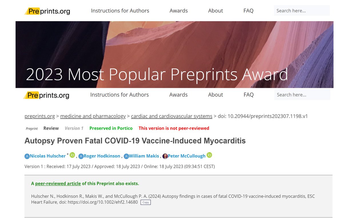 P_McCulloughMD's tweet image. Please support our preprint Hulscher et al "Autopsy Proven Fatal COVID-19 Vaccine-Induced Myocarditis" short-listed for top paper cited by PrePrints. Click on link scroll down to "Medicine and Pharmacology &amp;amp; Public Health and Healthcare"
preprints.org/activity/award…