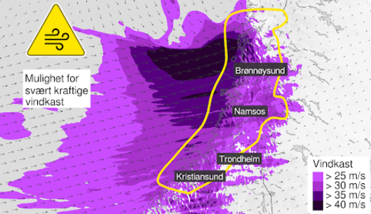 Meteorologene's tweet photo. ⚠️ Et nytt stormsenter er på vei mot deler av Midt-Norge og Helgeland. Lørdag er det er fare for lokalt svært kraftige vindkast på 30-38 m/s fra vest, og full til sterk storm på kysten 🌬️ Vinden vil øke først på kysten. 
Hold deg oppdatert på https://t.co/u6O2VtqROD https://t.co/msQjsWfeL3
