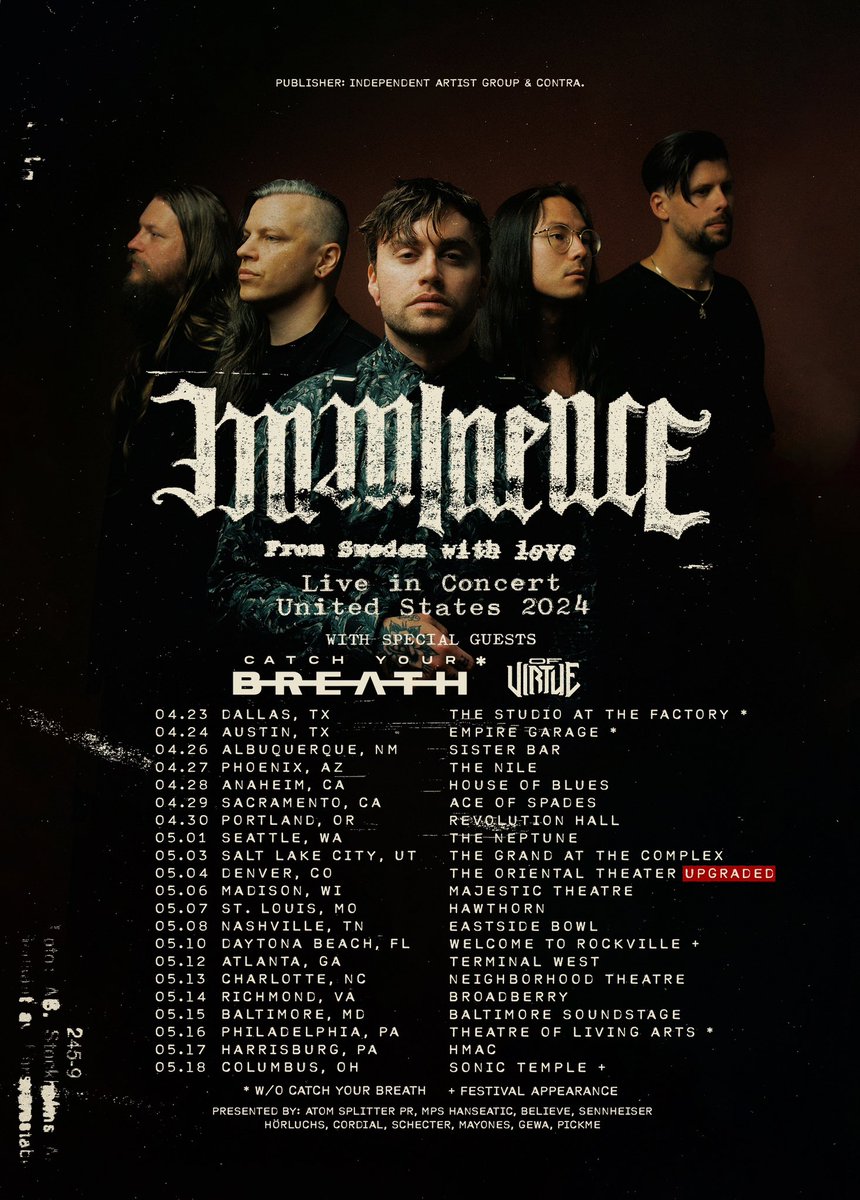 Live In Concert: We are thrilled to reveal that @catchyourbreathband and @ofvirtue will be joining us as supporting acts for our upcoming tour across the United States in April and May 2024. Tickets selling fast, secure your spot now: imminence.ffm.to/usa2024
From Sweden with love