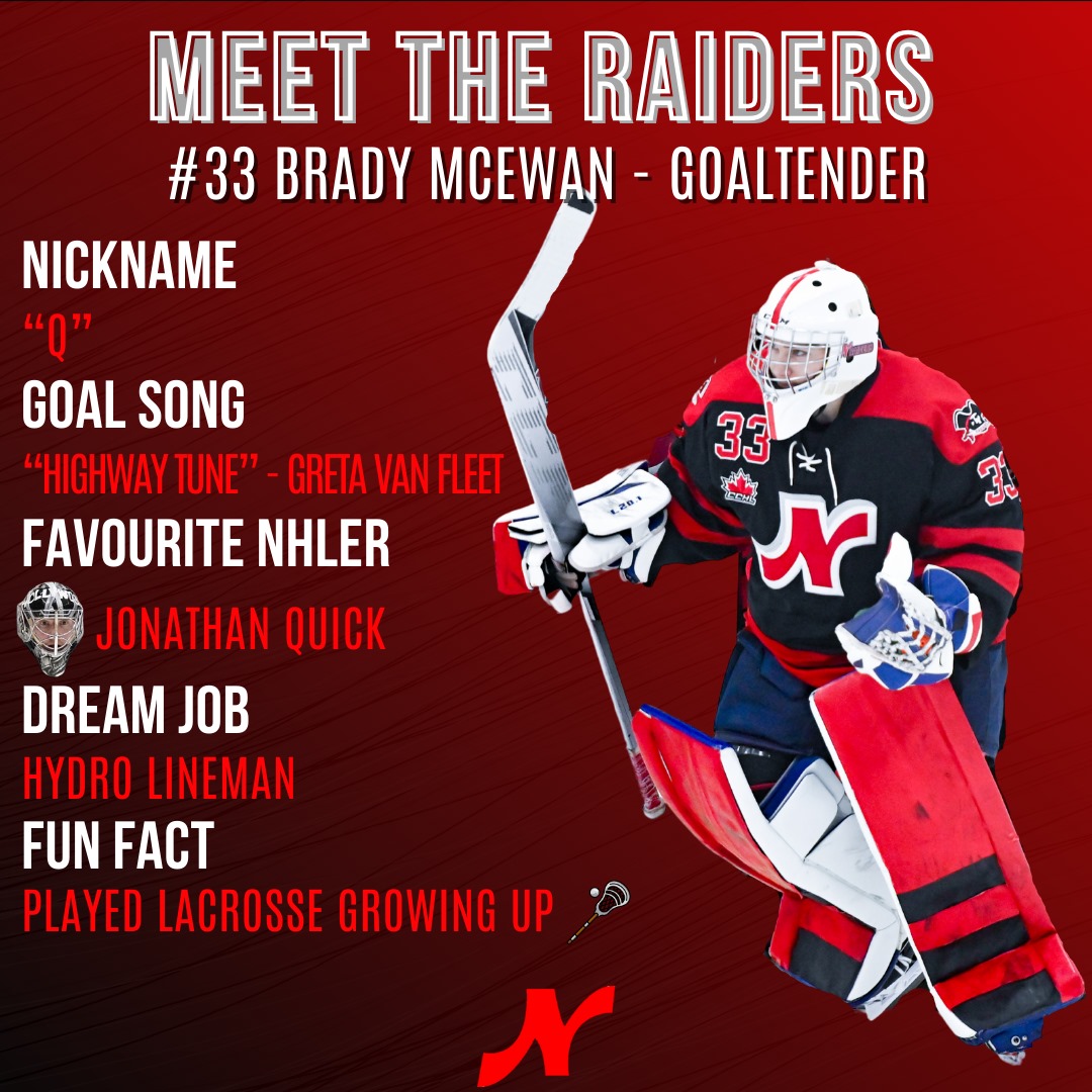 Nepeanraiders's tweet photo. Rounding out our week of goalies on #MeetTheRaiders, it's Brady McEwan!

Our overager from Perth, ON has been rock-solid in the Raiders goal this season, posting 13 wins, 2 shutouts, a .913sv%, and two points - a goal and an assist!

#RaiderPride https://t.co/rXe1UEZT9L